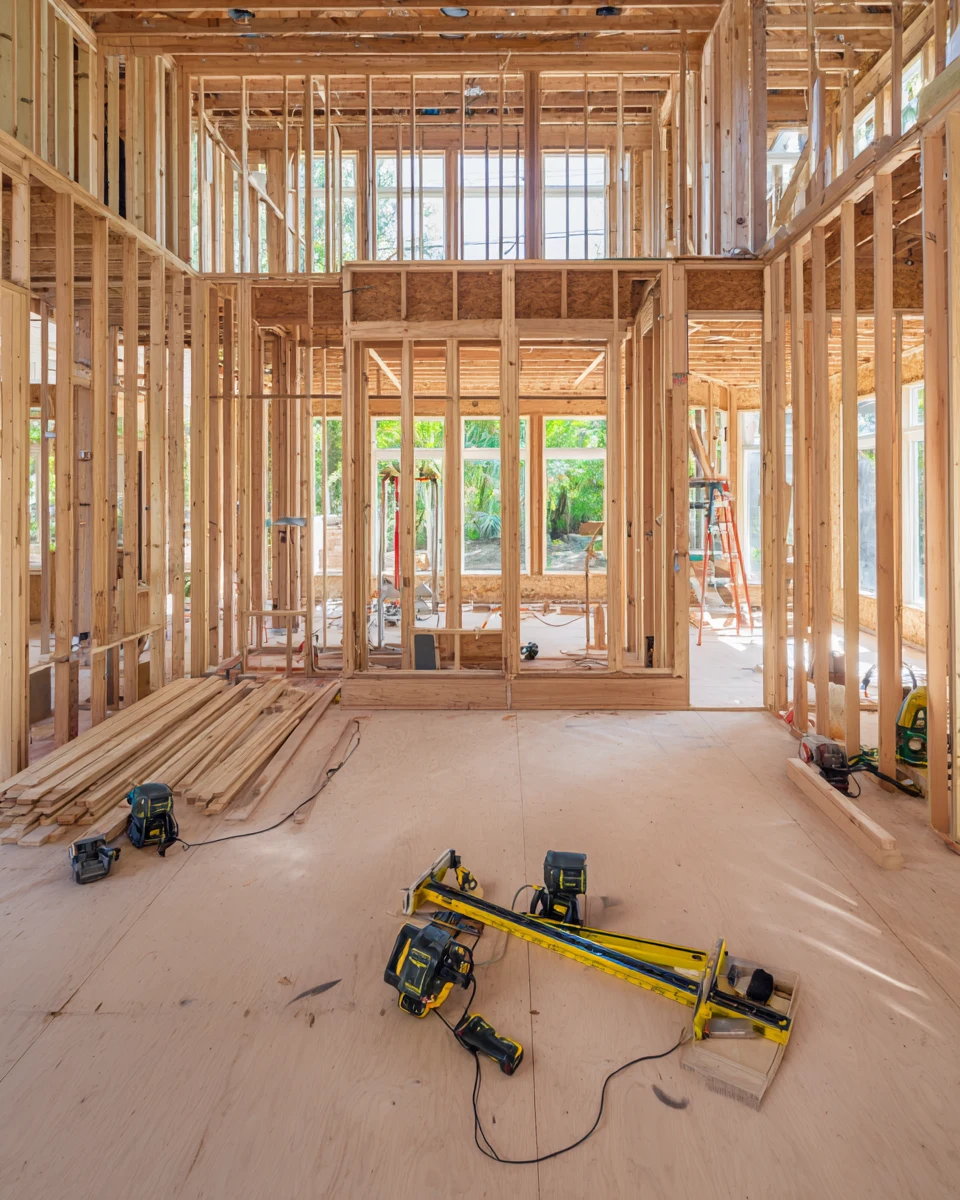 Open-concept wood framing structure under construction during a whole home remodel by SAVAM House