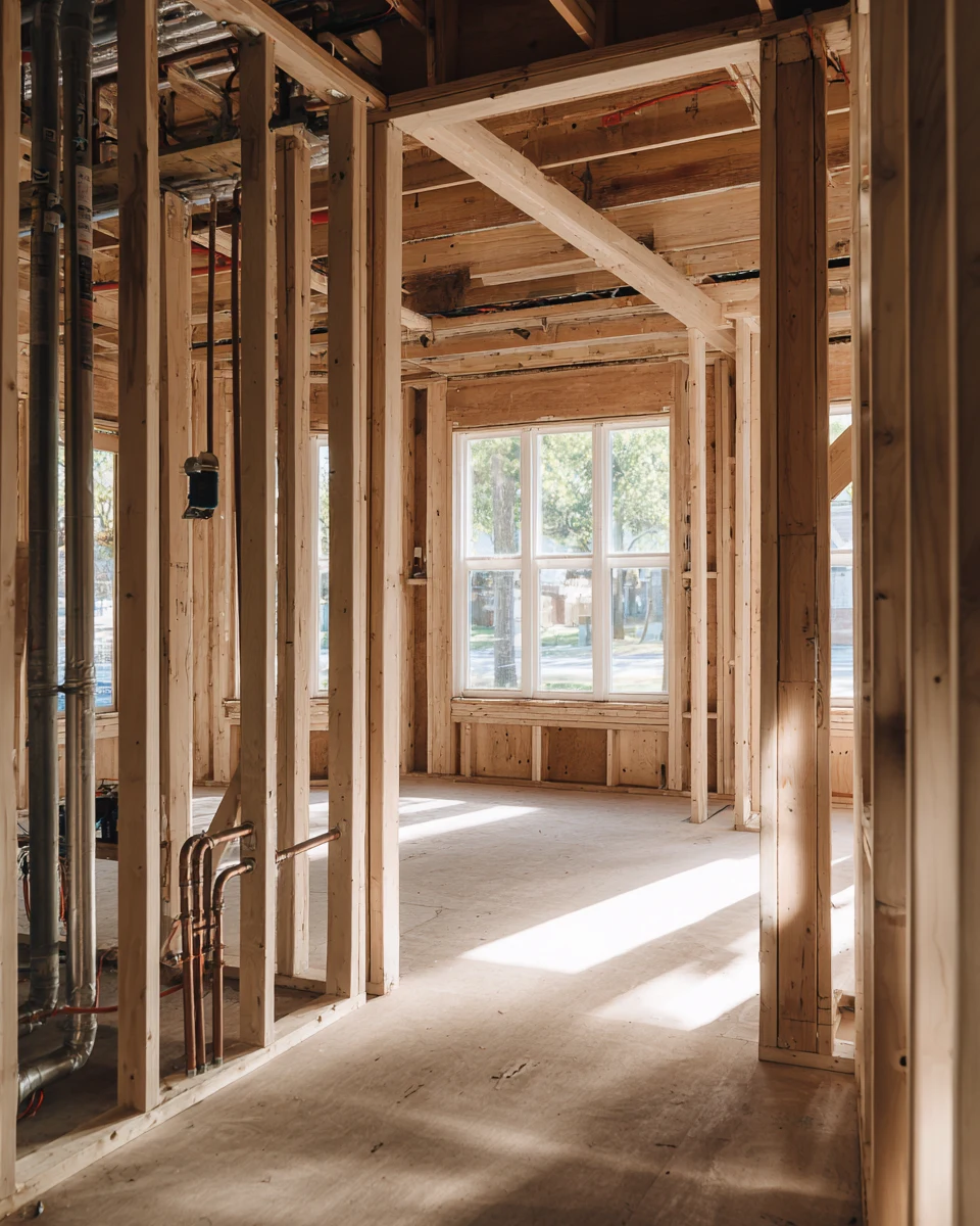 Interior of a house stripped to the framing, with new studs, exposed copper supply lines and a duct riser, daylight entering through an unfinished window opening