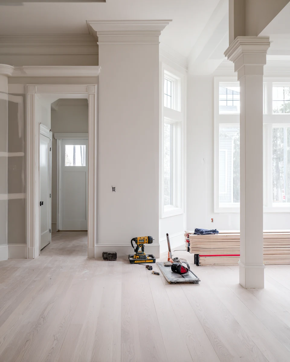 Finished interior with crown molding, trim, and hardwood flooring nearing completion in a whole home remodel by SAVAM House